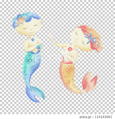 Mermaids is a little boys with tails. Watercolor illustration hand drawn with pastel colors turquoise, blue, coral, pink. Set of elements isolated from background 114183061