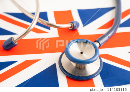 Stethoscope on United Kingdom flag background, Business and finance concept. 114183116