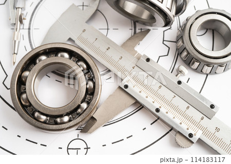 Engineering tools and mechanical industrial with vernier caliper and metal ball bering. 114183117