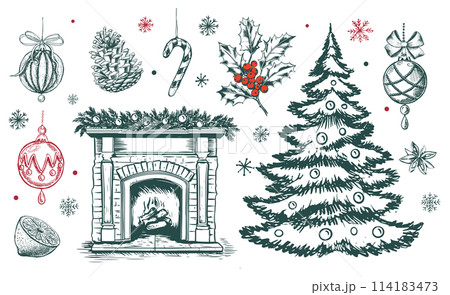 Christmas set in sketch style. Hand drawn illustration.	 114183473