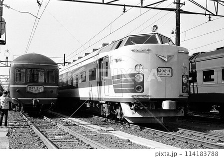 車両基地に停車する20系客車(あけぼの)と583系電車(はつかり) 車両基地に停車する20系客車(あけぼの)と583系電車(はつかり) 114183788