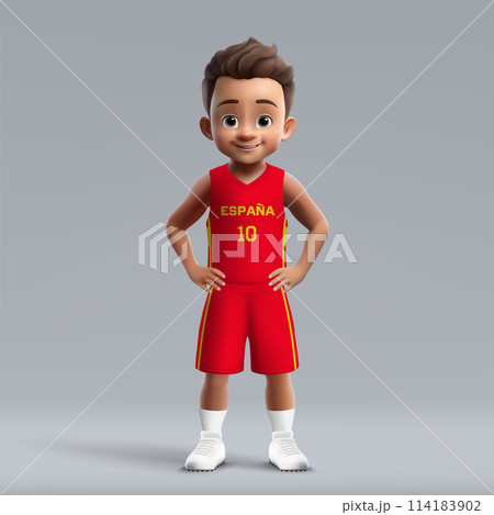 3d cartoon cute basketball player in Spain national team kit. 114183902