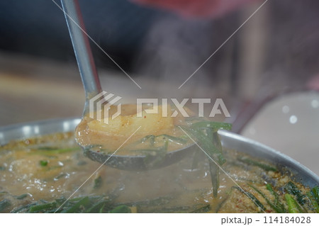 Korean traditional food. Pork Back-bone Stew is a thick traditional Korean food made with pork spine, potatoes, and various vegetables. 114184028