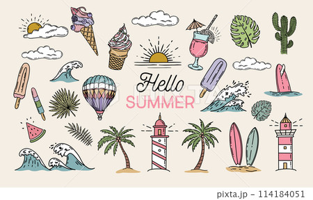 Summer icon set, hand drawn illustration. Summer icon set, hand drawn illustration. 114184051