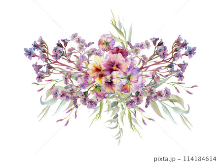 Hand drawn watercolor illustration botanical flowers leaves. Mauve pansy viola, willow eucalyptus, bergenia heliotrope lungwort, pink lobelia jasmine. Bouquet isolated on white. Design wedding, cards Hand drawn watercolor illustration botanical flowers leaves. Mauve pansy viola, willow eucalyptus, bergenia heliotrope lungwort, pink lobelia jasmine. Bouquet isolated on white. Design wedding, cards 114184614