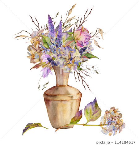 Hand drawn watercolor illustration shabby boho botanical flowers leaves. Rose ivy hydrangea veronica lunaria in copper pottery vase. Bouquet isolated on white background. Design wedding, love cards 114184617