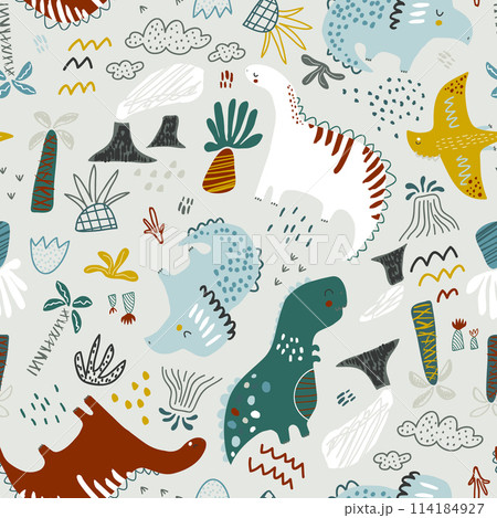 Childish seamless dino pattern. Creative hand drawn funny dinosaurs background. Vector background for fabric, textile, apparel, wallpaper. Childish seamless dino pattern. Creative hand drawn funny dinosaurs background. Vector background for fabric, textile, apparel, wallpaper. 114184927