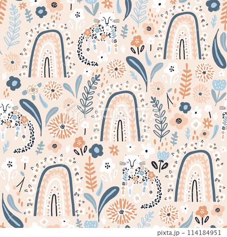 Seamless pattern with floral rainbows and cute cheetah. Creative blooming texture. Great for fabric, textile Vector Illustration Seamless pattern with floral rainbows and cute cheetah. Creative blooming texture. Great for fabric, textile Vector Illustration 114184951