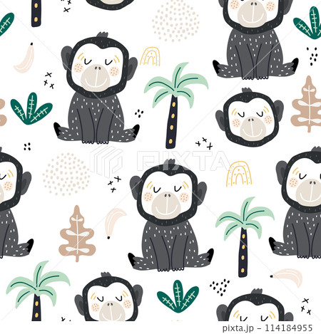 Seamless pattern with funny monkey. Creative jungle childish texture. Great for fabric, textile Vector Illustration Seamless pattern with funny monkey. Creative jungle childish texture. Great for fabric, textile Vector Illustration 114184955