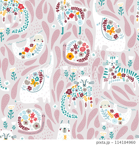 Seamless pattern with cute floral elephant, llama, sloth, tiger, cheetah, snail. Creative blooming texture. Great for fabric, textile Vector Illustration Seamless pattern with cute floral elephant, llama, sloth, tiger, cheetah, snail. Creative blooming texture. Great for fabric, textile Vector Illustration 114184960