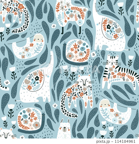 Seamless pattern with cute floral elephant, llama, sloth, tiger, cheetah, snail. Creative blooming texture. Great for fabric, textile Vector Illustration 114184961