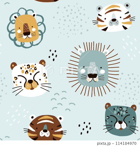 Seamless kids pattern with cute african animals. Childish texture with creative lion, tiger, cheetah. Vector background perfect for fabric, textile, apparel design. 114184970