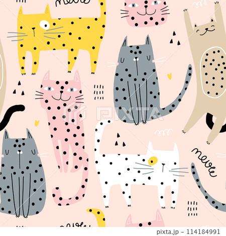 Seamless childish pattern with cute hand drawn polka dot cats. Creative kids hand drawn texture for fabric, wrapping, textile, wallpaper, apparel. Vector illustration 114184991
