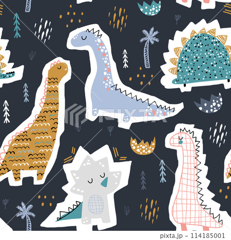 Childish seamless pattern with hand drawn funny dinosaurs. Creative vector childish background for fabric, textile Childish seamless pattern with hand drawn funny dinosaurs. Creative vector childish background for fabric, textile 114185001