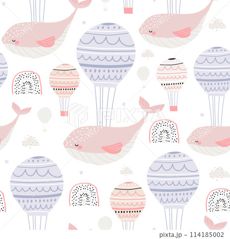 Seamless childish pattern with pink sleeping whales hot air balloons. Creative kids hand drawn texture for fabric, wrapping, textile, wallpaper, apparel. Vector illustration Seamless childish pattern with pink sleeping whales hot air balloons. Creative kids hand drawn texture for fabric, wrapping, textile, wallpaper, apparel. Vector illustration 114185002
