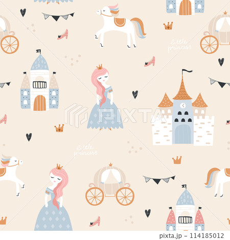 Childish seamless pattern with princess, castle, carriage in scandinavian style. Creative vector childish background for fabric, textile 114185012