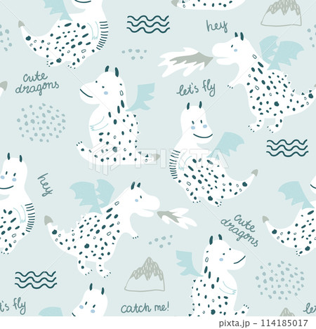 Childish seamless pattern with cute dragons in scandinavian style. Creative vector childish background for fabric, textile 114185017