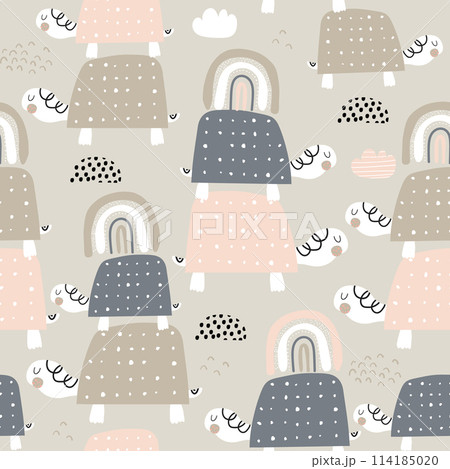 Seamless pattern with cute turtles and rainbows. Creative texture in scandinavian style. Great for fabric, textile Vector Illustration 114185020