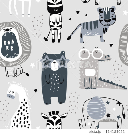 Seamless childish pattern with cute bears, tiger,elephant,giraffe,zebra, crocodile. Creative scandinavian kids texture for fabric, wrapping, textile, wallpaper, apparel. Vector illustration 114185021