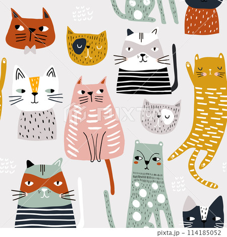 Seamless childish pattern with cute hand drawn cats. Creative kids hand drawn texture for fabric, wrapping, textile, wallpaper, apparel. Vector illustration Seamless childish pattern with cute hand drawn cats. Creative kids hand drawn texture for fabric, wrapping, textile, wallpaper, apparel. Vector illustration 114185052