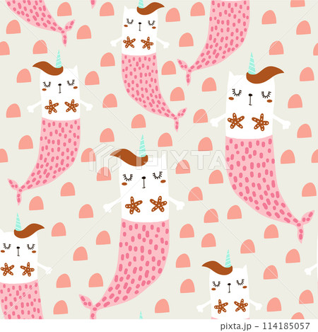 Magic cat mermaid with horn. Seamless childish pattern for apparel, fabric, textile.Vector illustration Magic cat mermaid with horn. Seamless childish pattern for apparel, fabric, textile.Vector illustration 114185057