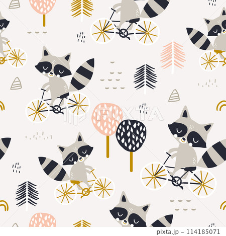 Seamless childish pattern with cute raccoons...のイラスト素材 [114185071] - PIXTA