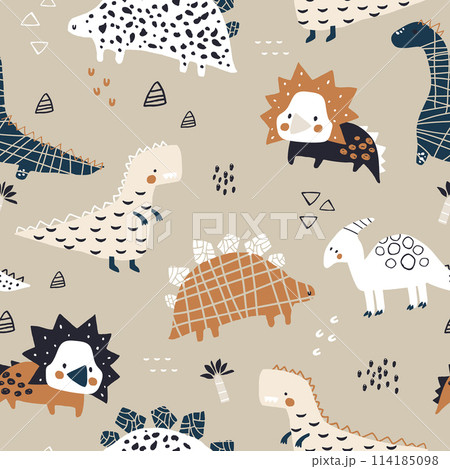 Childish seamless pattern with hand drawn dinozaurs in modern style. Creative vector childish background for fabric, textile Childish seamless pattern with hand drawn dinozaurs in modern style. Creative vector childish background for fabric, textile 114185098