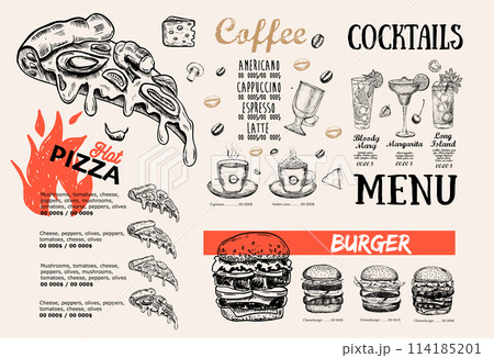 Pizza food Menu, Restaurant, Cafe, template design. Hand drawn illustrations, Food flyer. Pizza food Menu, Restaurant, Cafe, template design. Hand drawn illustrations, Food flyer. 114185201