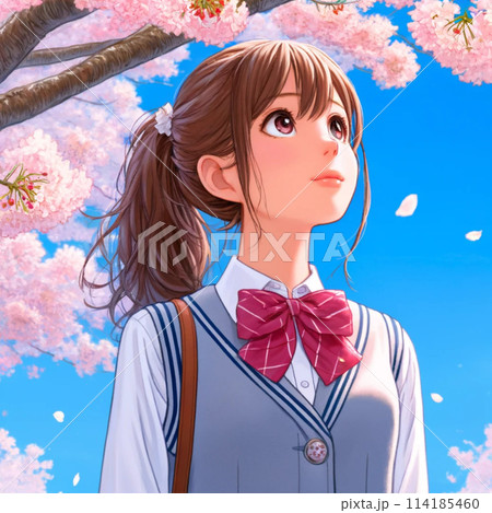 桜の木の下に立つ女子高校生 114185460