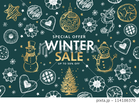 Winter sale, Christmas Cookie and ball set, Hand drawn illustration. Winter sale, Christmas Cookie and ball set, Hand drawn illustration. 114186370