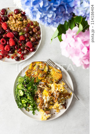 Healthy breakfast with seasonal products Healthy breakfast with seasonal products 114186404
