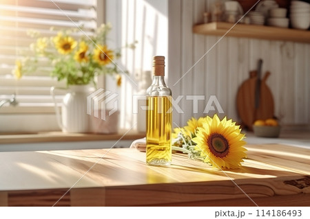 bottle of sunflower oil in the white light kitchen with wooden facades and appliances, realistic. AI-generated item 114186493