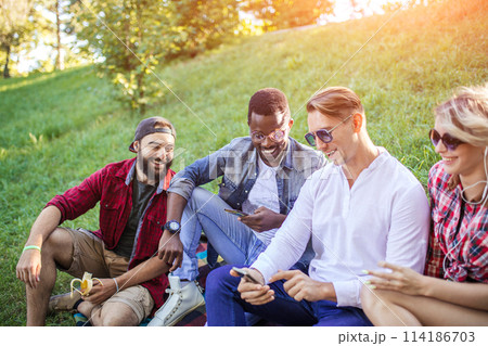 Diverse group of cheerful friends sitting on grass at sunset in nature park. 114186703
