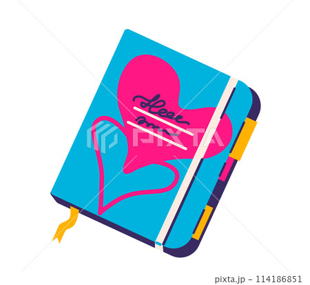 Copybook with elastic band and bookmarks, hearts and text at cover. Vector illustration isolated on white background 114186851