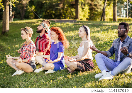 Group of adult friends meditating while practicing yoga outside in park. 114187019