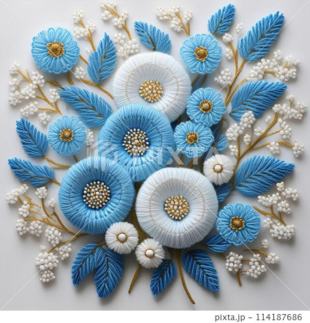 青と白の花の立体刺繍風イラストのイラスト素材 [114187686] - PIXTA