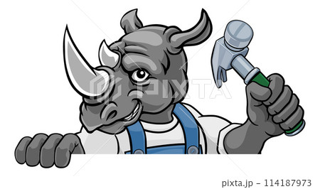 Rhino Carpenter Handyman Builder Holding Hammer 114187973