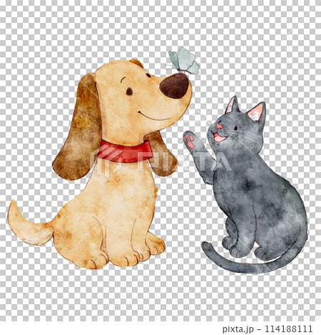 水彩風格可愛的狗和貓的手繪插圖 水彩風格可愛的狗和貓的手繪插圖 114188111