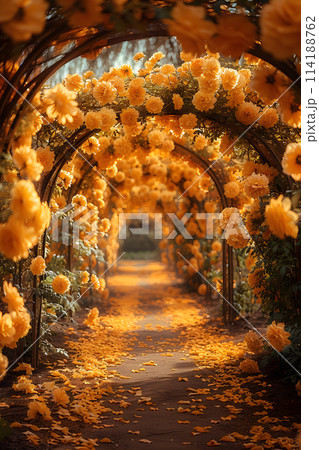 A beautiful archway of yellow flowers forms a tunnel over a path in a garden, creating a symmetrical and visually stunning display reminiscent of a painting in a holy place 114188762