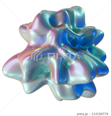 Abstract, holographic 3D shape isolated on white background. Metallic, iridescent surface. Color gradient, y2k style. Cut out trendy and futuristic design element. 3D rendering. Abstract, holographic 3D shape isolated on white background. Metallic, iridescent surface. Color gradient, y2k style. Cut out trendy and futuristic design element. 3D rendering. 114188779