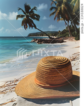 A straw hat rests on the sandy beach, surrounded by palm trees under a clear blue sky with fluffy white clouds. The tranquil natural landscape is a peaceful retreat 114188824