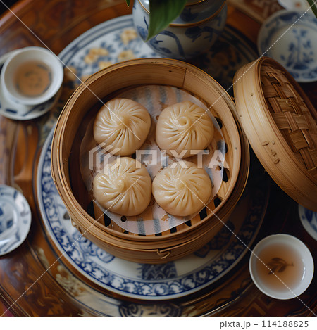 A variety of dumplings including Buuz, Baozi, Momo, Dim sim, and Khinkali are steaming in a bamboo steamer on a table, ready to be enjoyed as a delicious meal 114188825