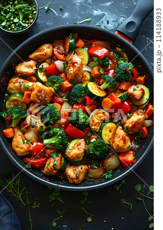 A karahi filled with a delicious mix of chicken, vegetables, and leafy greens sits on the table, ready to be enjoyed as a traditional cuisine recipe 114188933