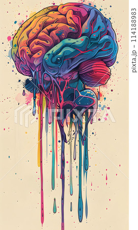 A vibrant painting of a brain with magenta and electric blue paint dripping, showcasing a fusion of art and illustration in a unique fashion design 114188983