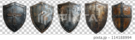 Transparent background, 5 types of rusty shields, Kite Shield 114188994