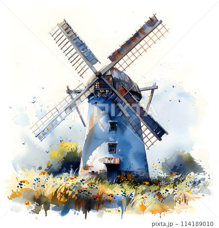 A watercolor art piece showcasing a blue windmill with rotating propeller blades in a field of vibrant flowers, capturing the beauty of aviation and nature 114189010