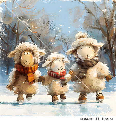 Three happy sheep, clad in scarves and hats, are joyfully walking through the white, snowy landscape. Their fluffy fur keeps them warm during this fun winter event Three happy sheep, clad in scarves and hats, are joyfully walking through the white, snowy landscape. Their fluffy fur keeps them warm during this fun winter event 114189028