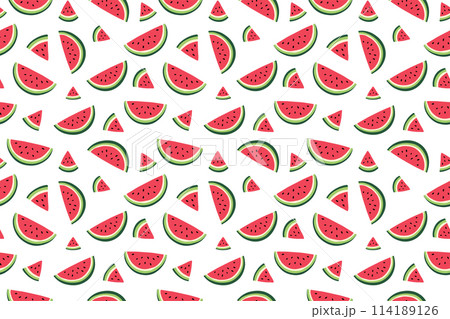 Watermelon Slices Summer Seamless Pattern. Flat Style Doodle Vector Illustration on White Background 114189126