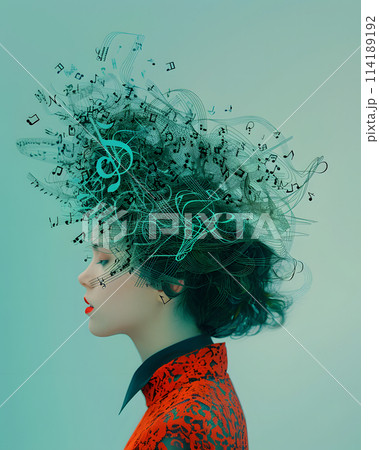 This woman rocks a hairdo with music notes intertwined, turning her head into a stylish art piece. Her electric blue Jheri curl stands out as a unique fashion accessory 114189192