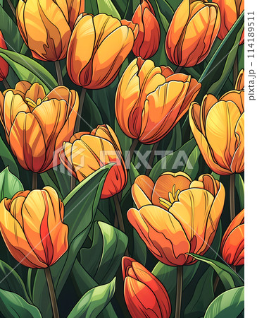 A vibrant painting of orange tulips with green leaves, capturing the beauty of botany and nature. The art paint showcases the intricate details of petals and leaves against a backdrop of a window 114189511